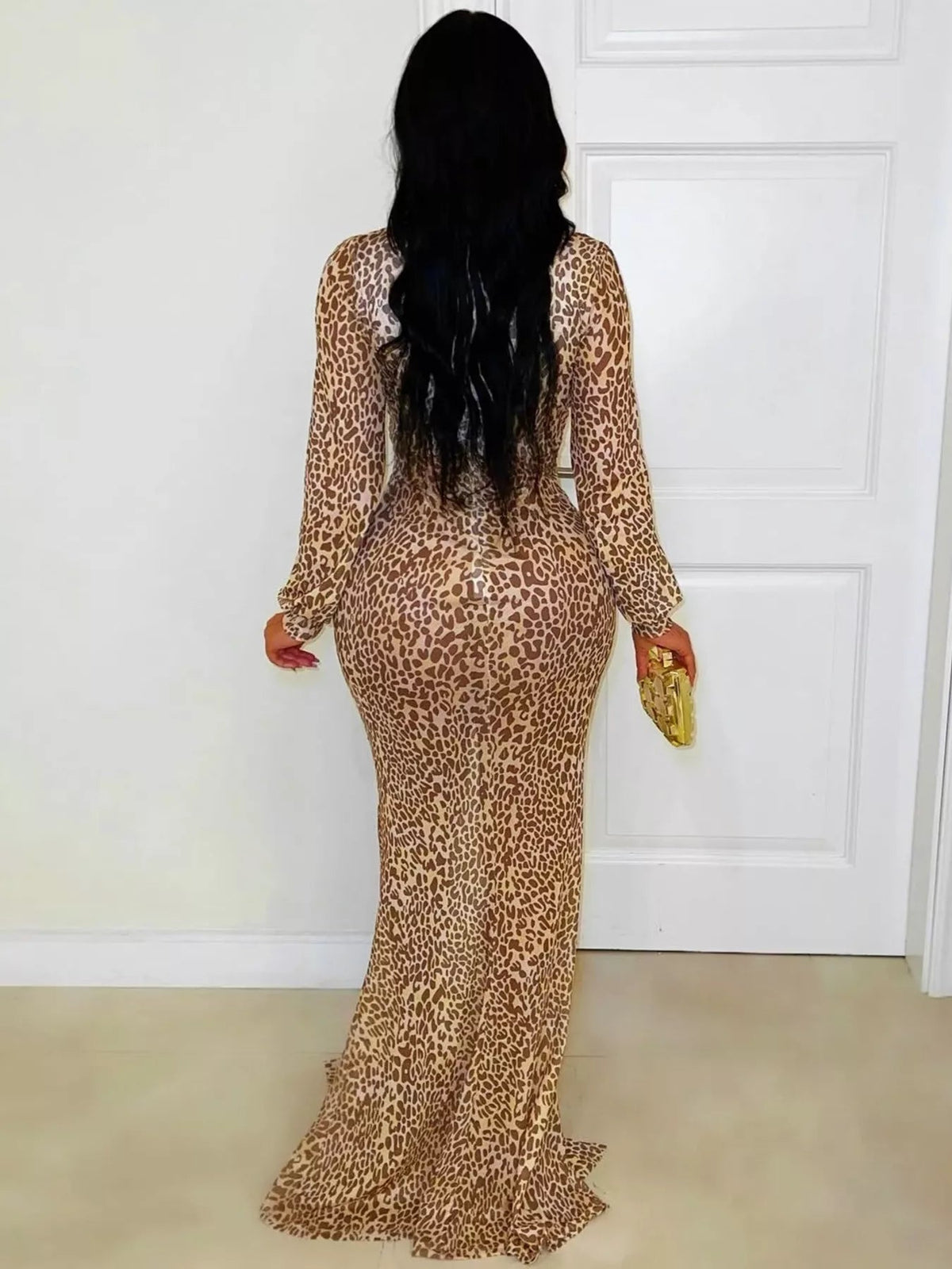 Leopard Print Deep V-Neck Long Sleeve High Slit Maxi Dress - Flip Flop Dynasty