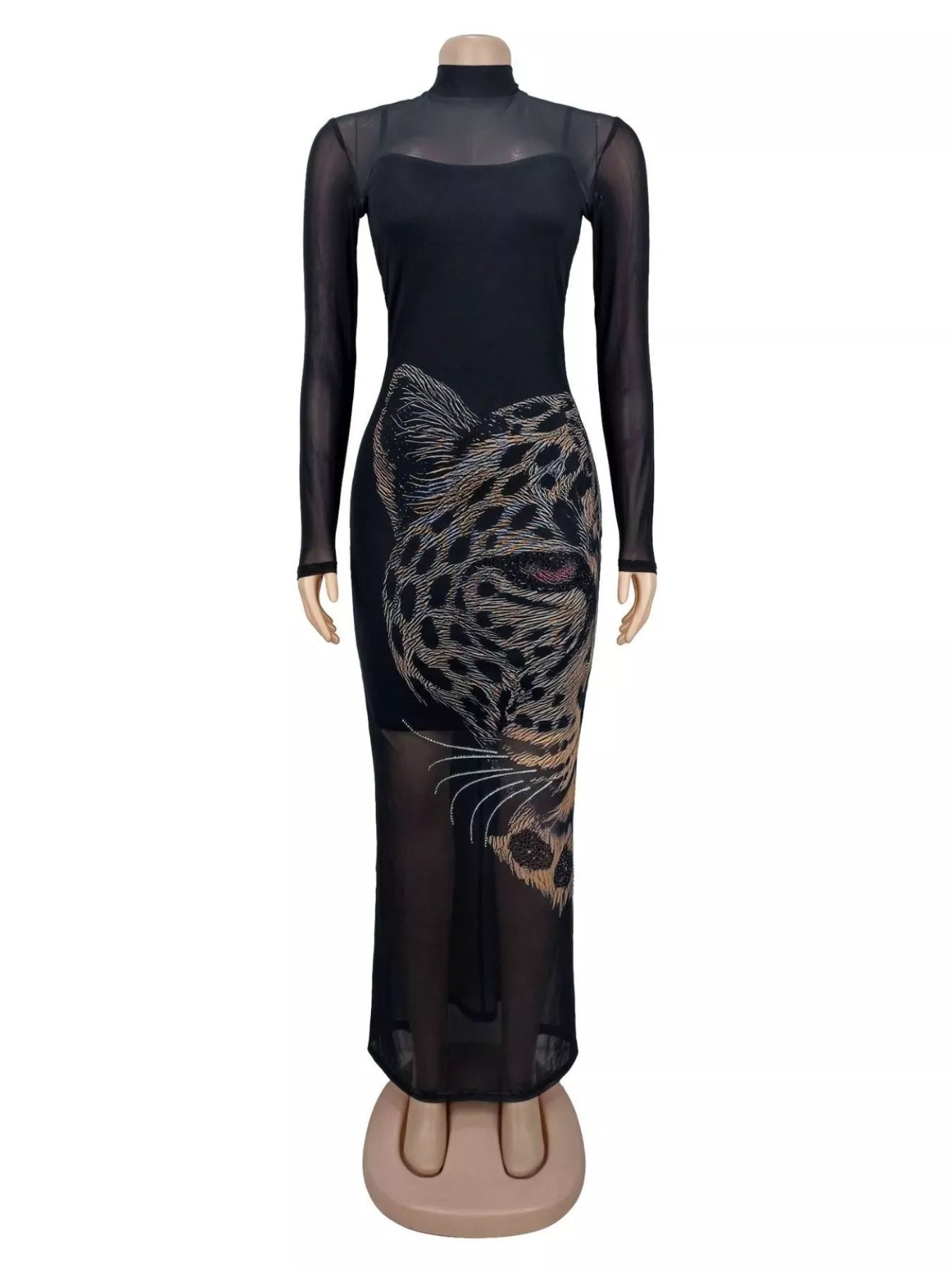 Leopard Print Mesh Long Sleeve Maxi Dress - Flip Flop Dynasty