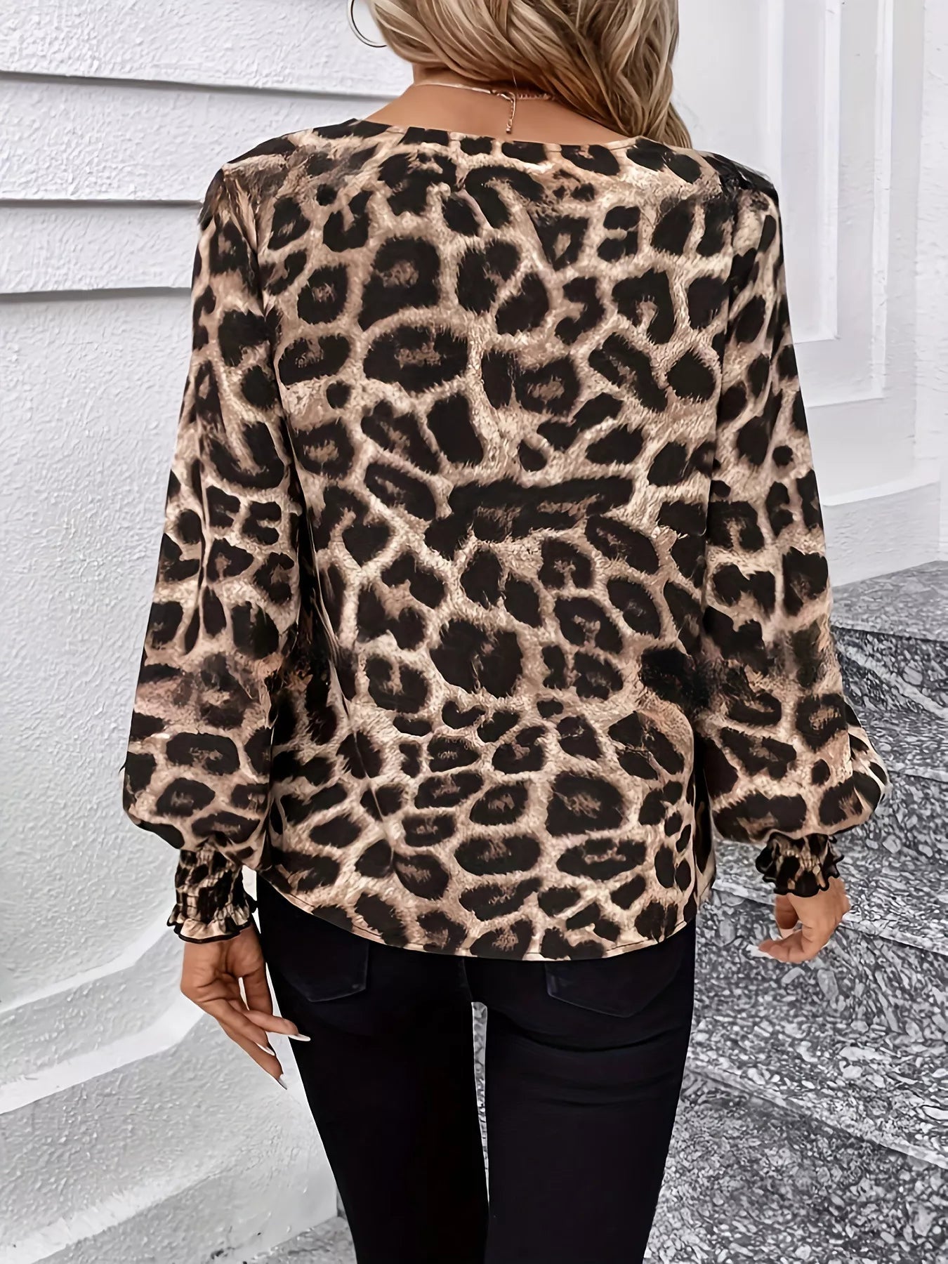 Leopard V - Neck Long Sleeve Blouse - Flip Flop Dynasty