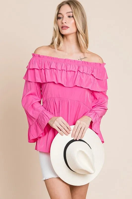 Lime 'N' Chili Ruffled Trumpet Sleeve Off - The - Shoulder Top - Flip Flop Dynasty