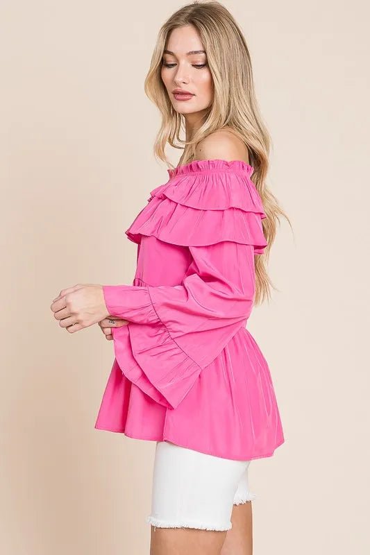 Lime 'N' Chili Ruffled Trumpet Sleeve Off - The - Shoulder Top - Flip Flop Dynasty
