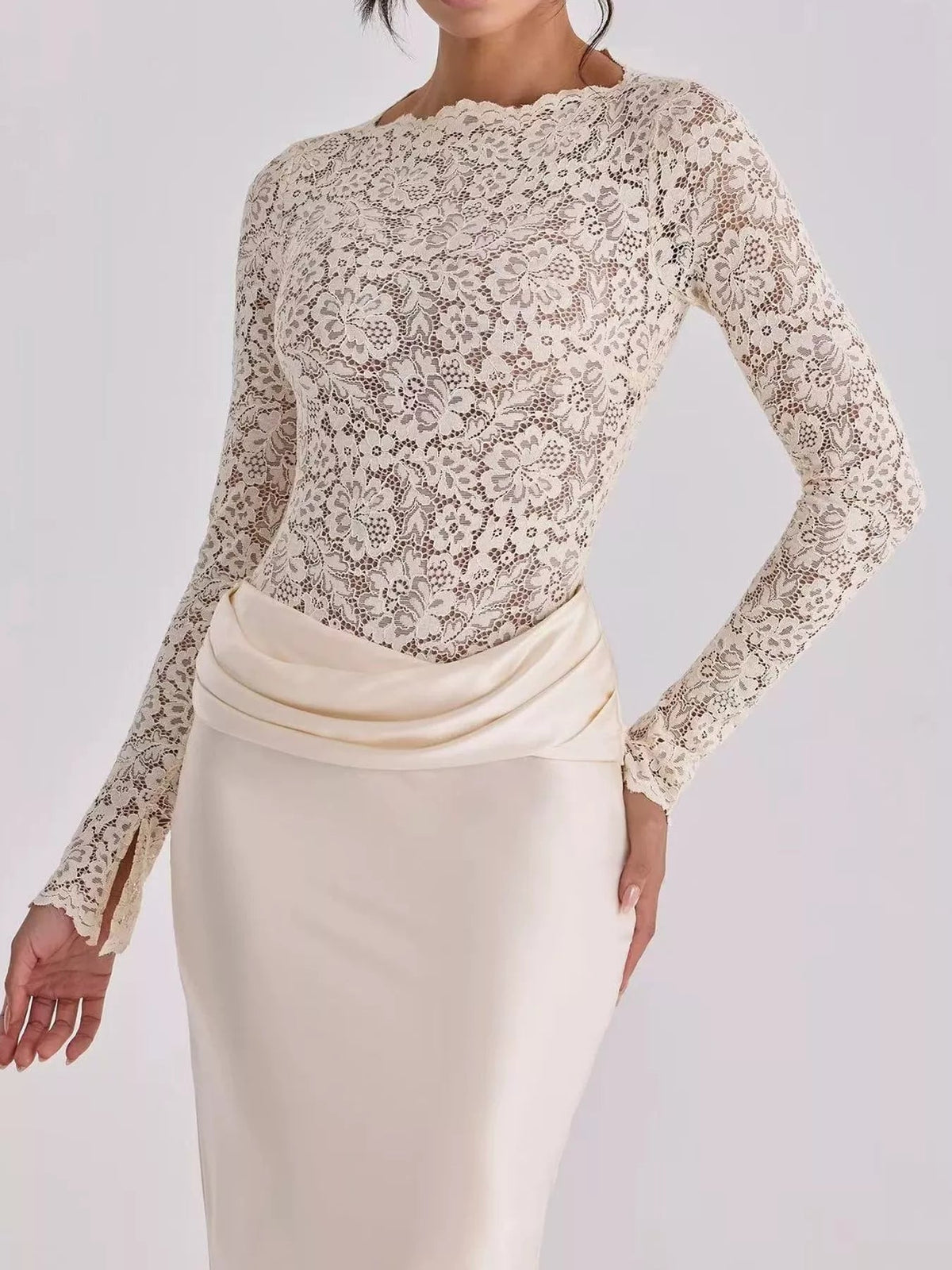 Long-Sleeve Lace and Satin Patchwork Maxi Dress - Flip Flop Dynasty