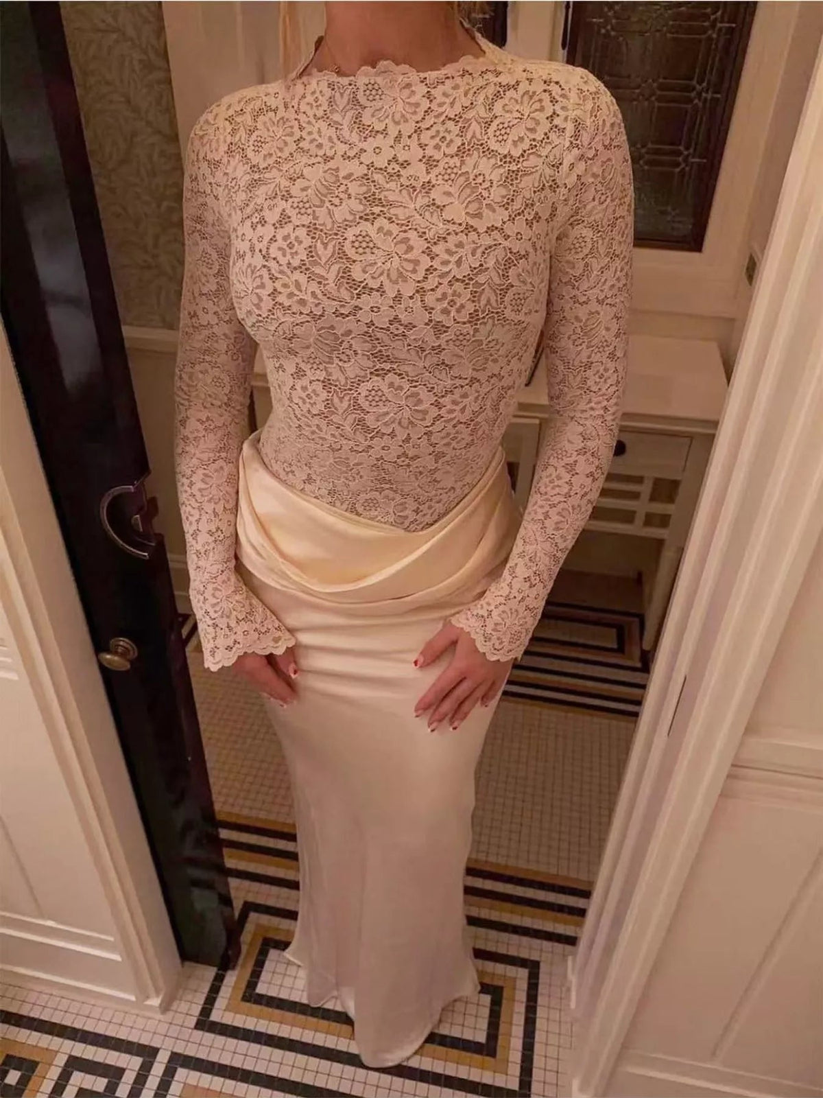 Long-Sleeve Lace and Satin Patchwork Maxi Dress - Flip Flop Dynasty
