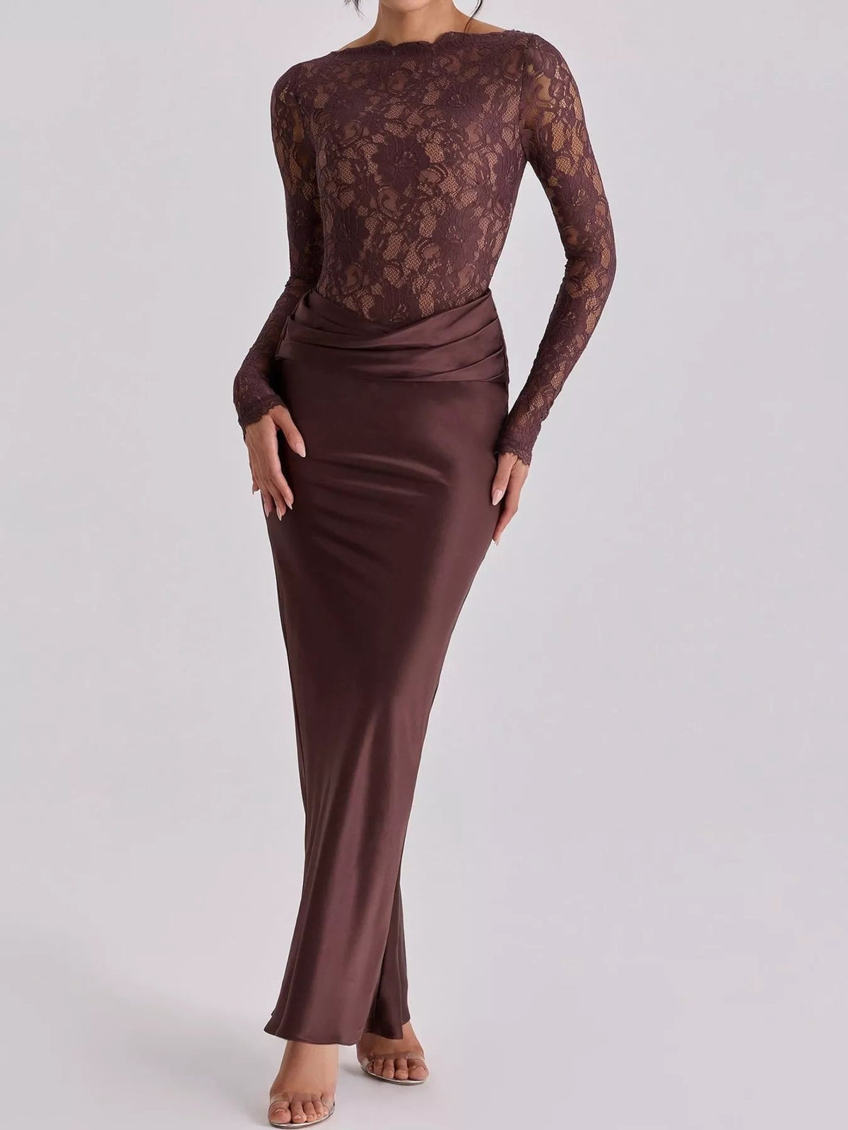 Long-Sleeve Lace and Satin Patchwork Maxi Dress - Flip Flop Dynasty