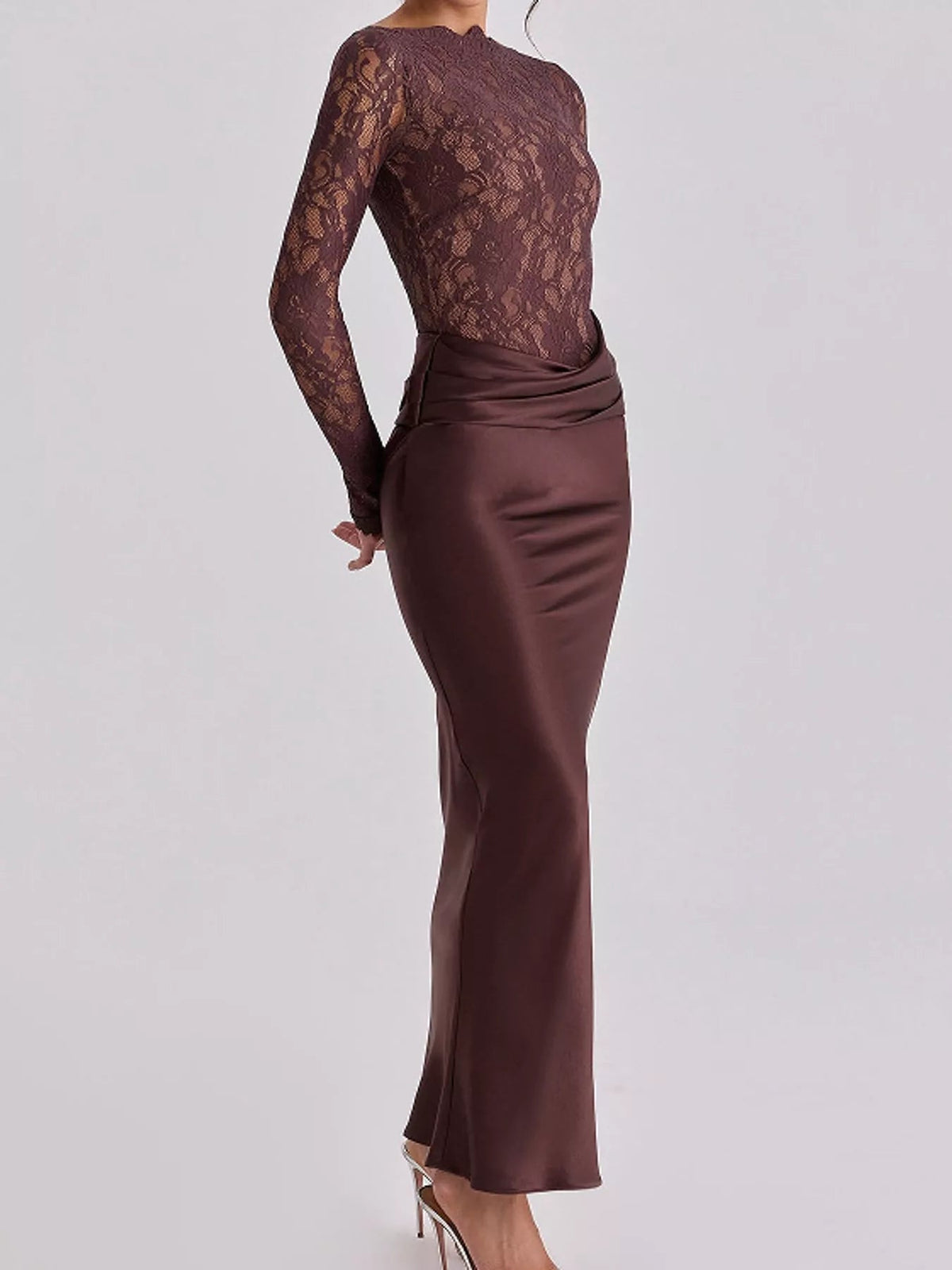 Long-Sleeve Lace and Satin Patchwork Maxi Dress - Flip Flop Dynasty