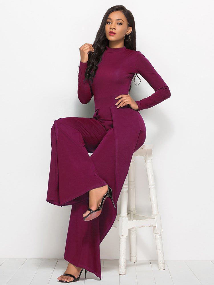 Long Sleeve Mock Neck Wide Leg Jumpsuit - Flip Flop Dynasty