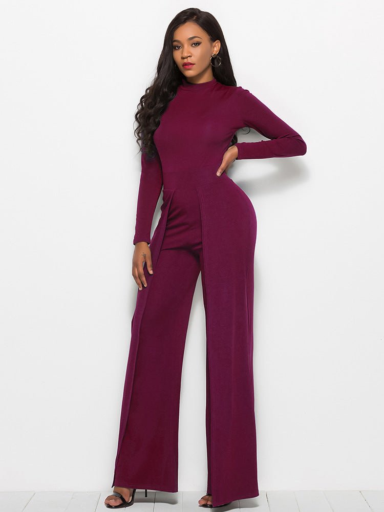 Long Sleeve Mock Neck Wide Leg Jumpsuit - Flip Flop Dynasty