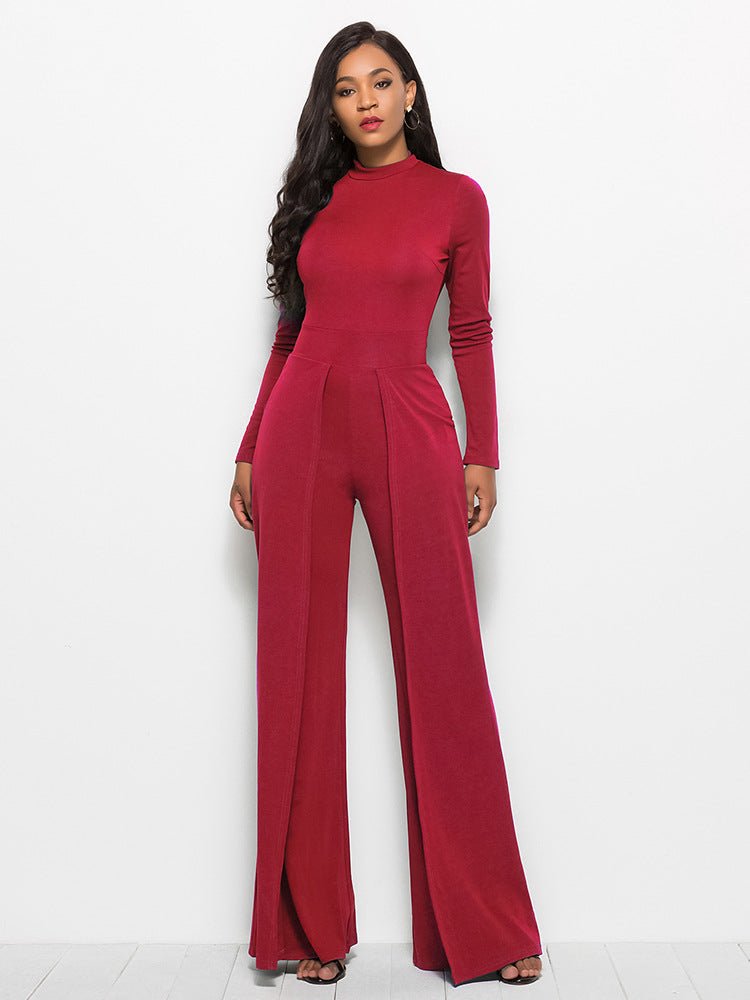 Long Sleeve Mock Neck Wide Leg Jumpsuit - Flip Flop Dynasty