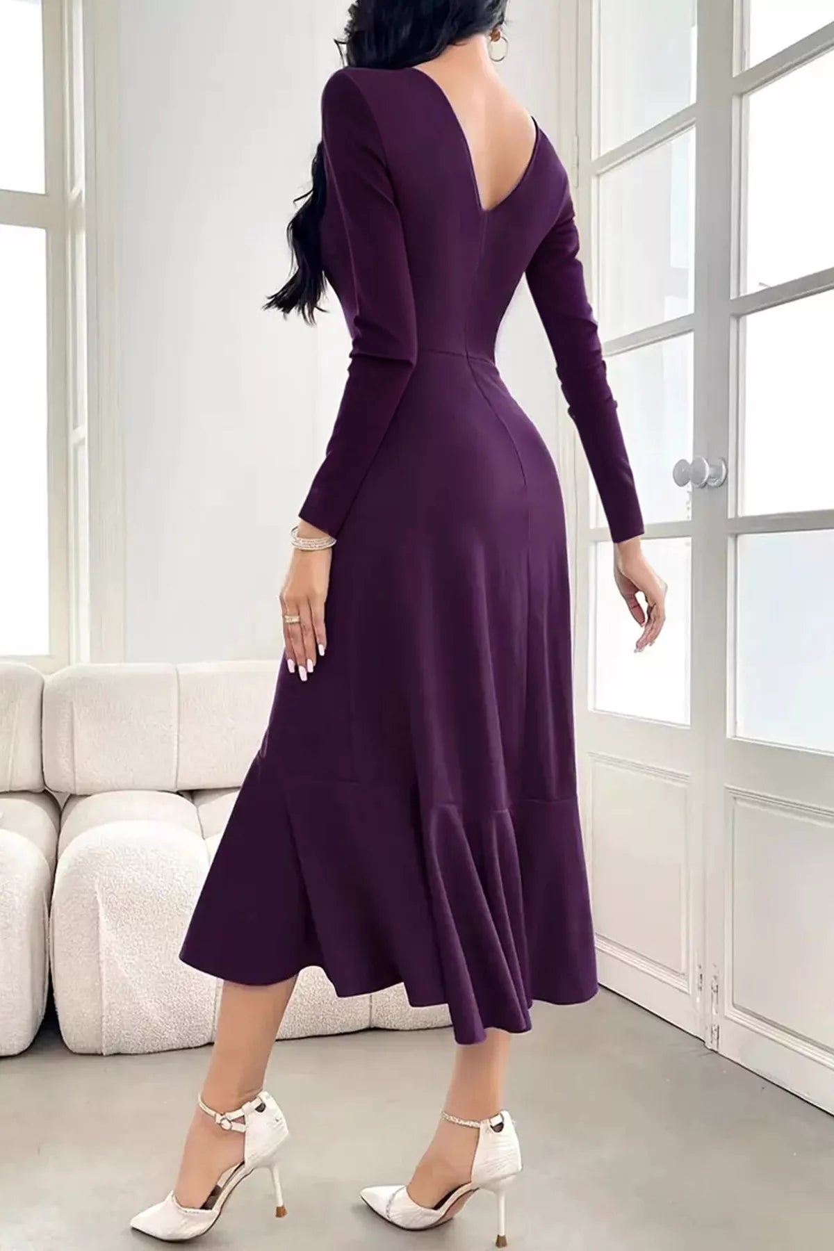 Long Sleeve Ruched Midi Dress with Asymmetrical Ruffle Hem - Flip Flop Dynasty
