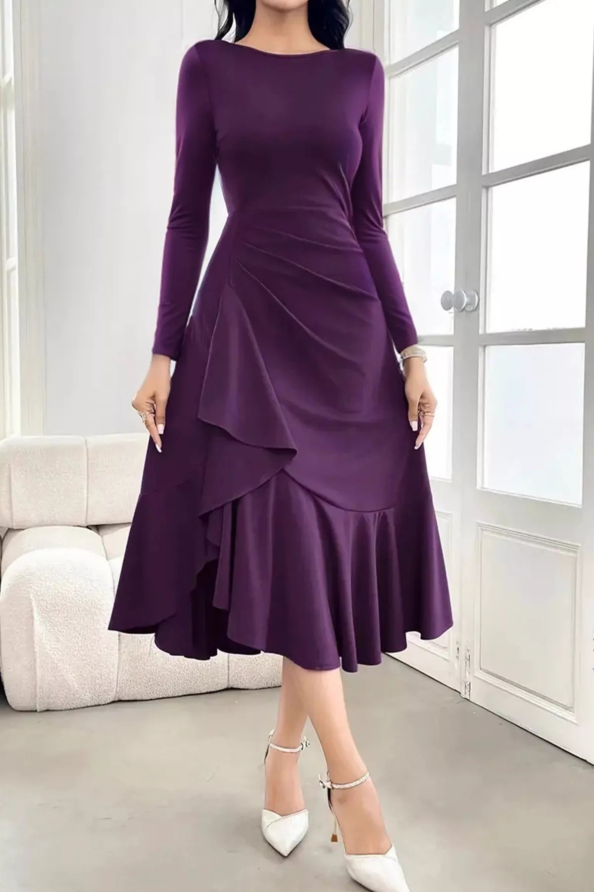 Long Sleeve Ruched Midi Dress with Asymmetrical Ruffle Hem - Flip Flop Dynasty