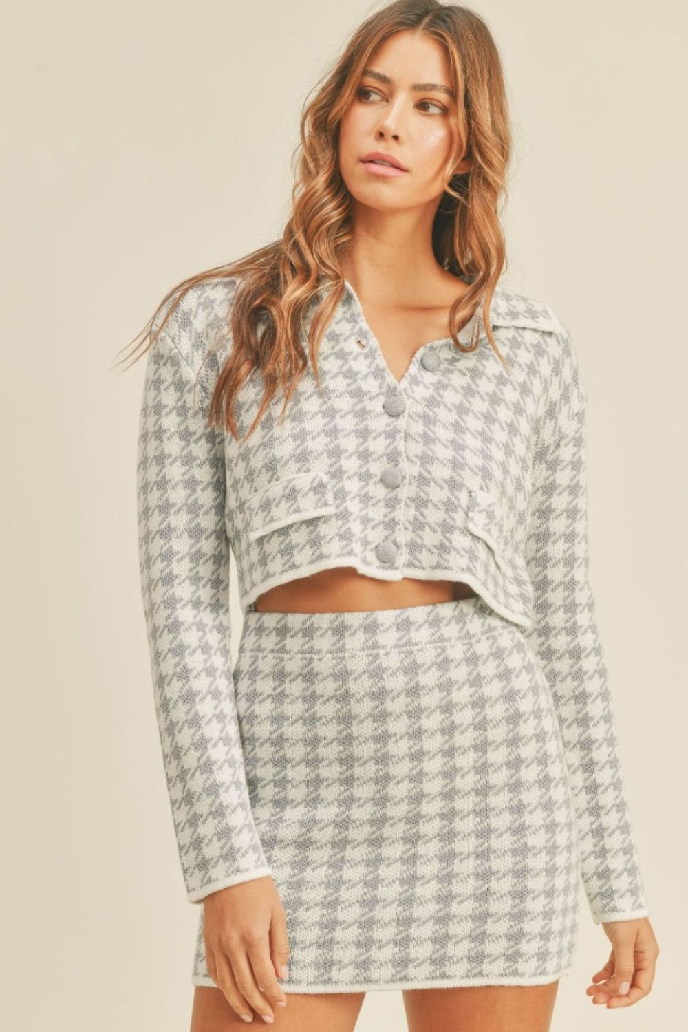 MABLE Houndstooth Cropped Knit Cardigan and Mini Skirt Set - Flip Flop Dynasty