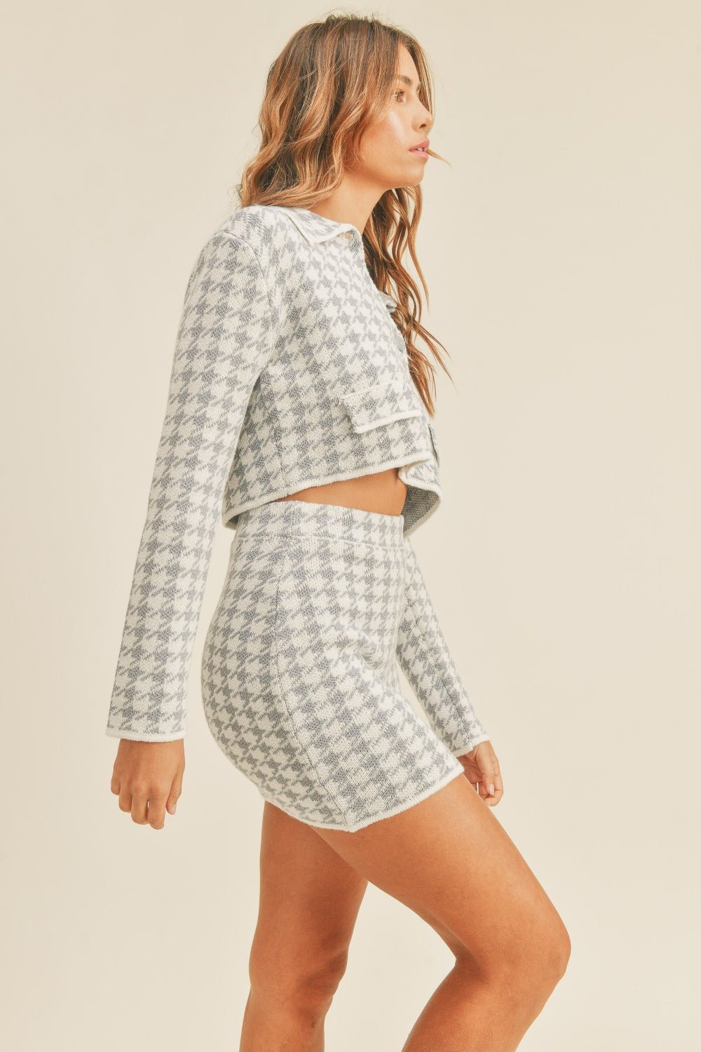 MABLE Houndstooth Cropped Knit Cardigan and Mini Skirt Set - Flip Flop Dynasty