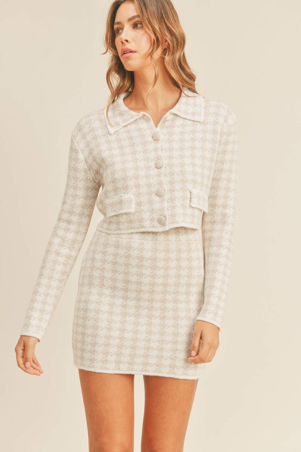 MABLE Houndstooth Cropped Knit Cardigan and Mini Skirt Set - Flip Flop Dynasty