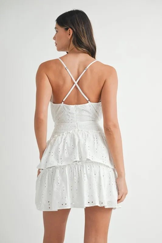 MABLE Lace Eyelet Ruffle Mini Dress With Front Cutout - Flip Flop Dynasty