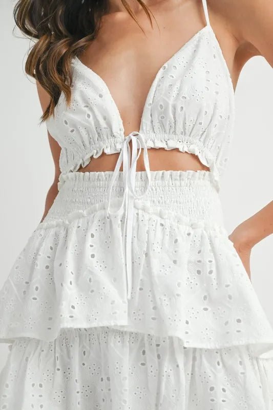 MABLE Lace Eyelet Ruffle Mini Dress With Front Cutout - Flip Flop Dynasty