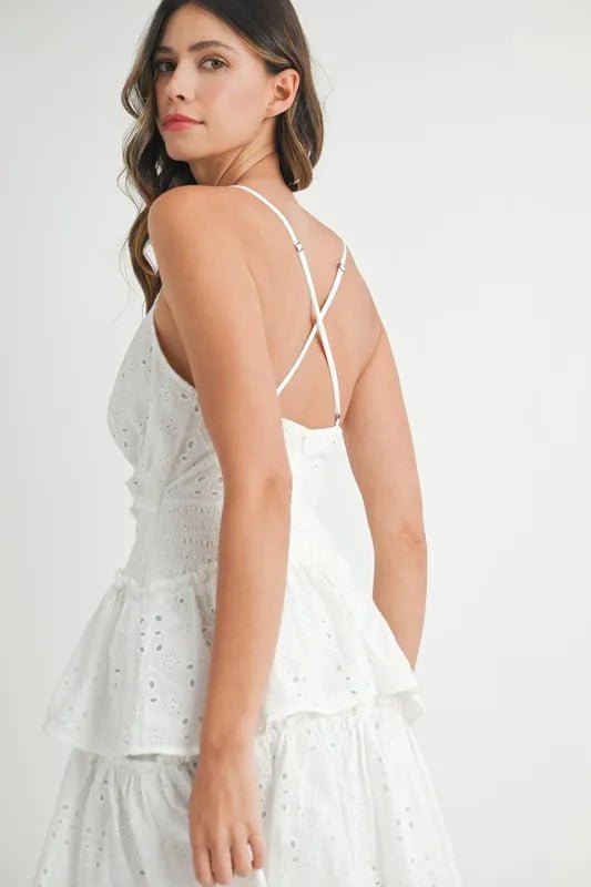 MABLE Lace Eyelet Ruffle Mini Dress With Front Cutout - Flip Flop Dynasty