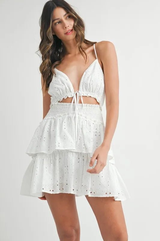 MABLE Lace Eyelet Ruffle Mini Dress With Front Cutout - Flip Flop Dynasty