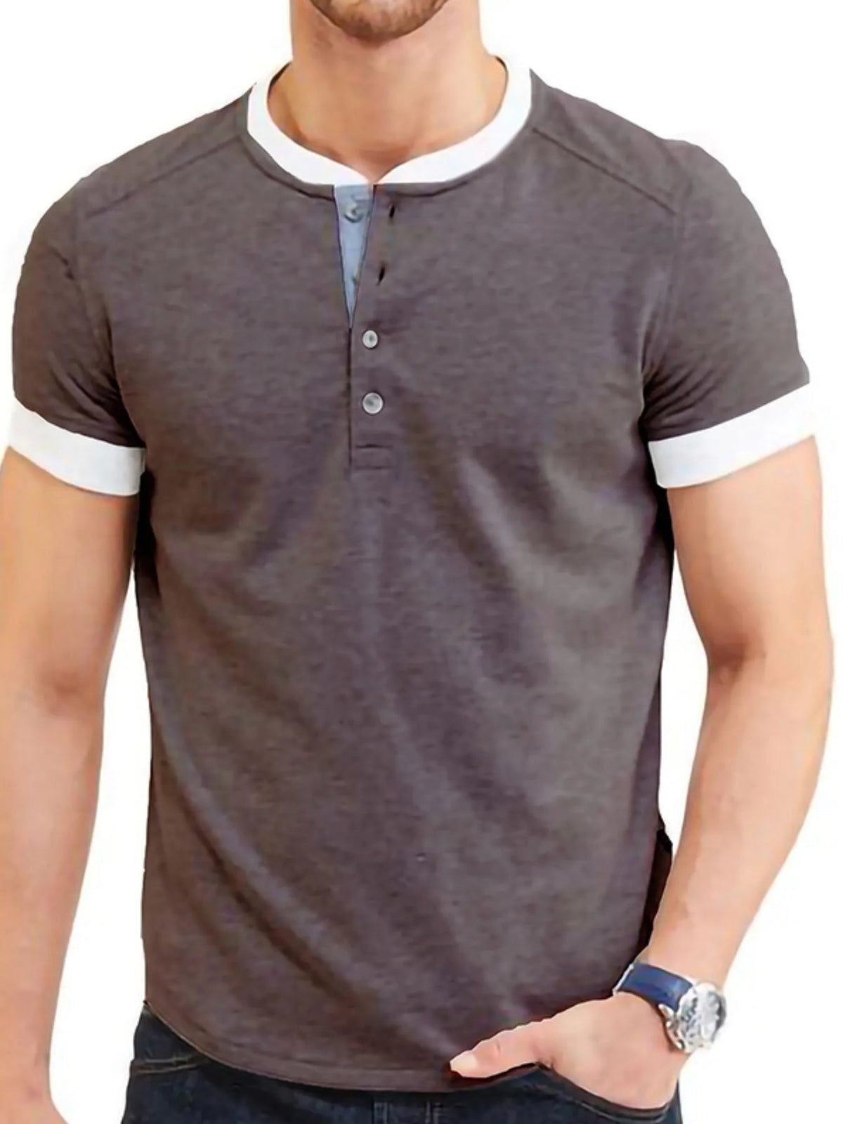 Men's Contrast Trim Henley Top - Flip Flop Dynasty