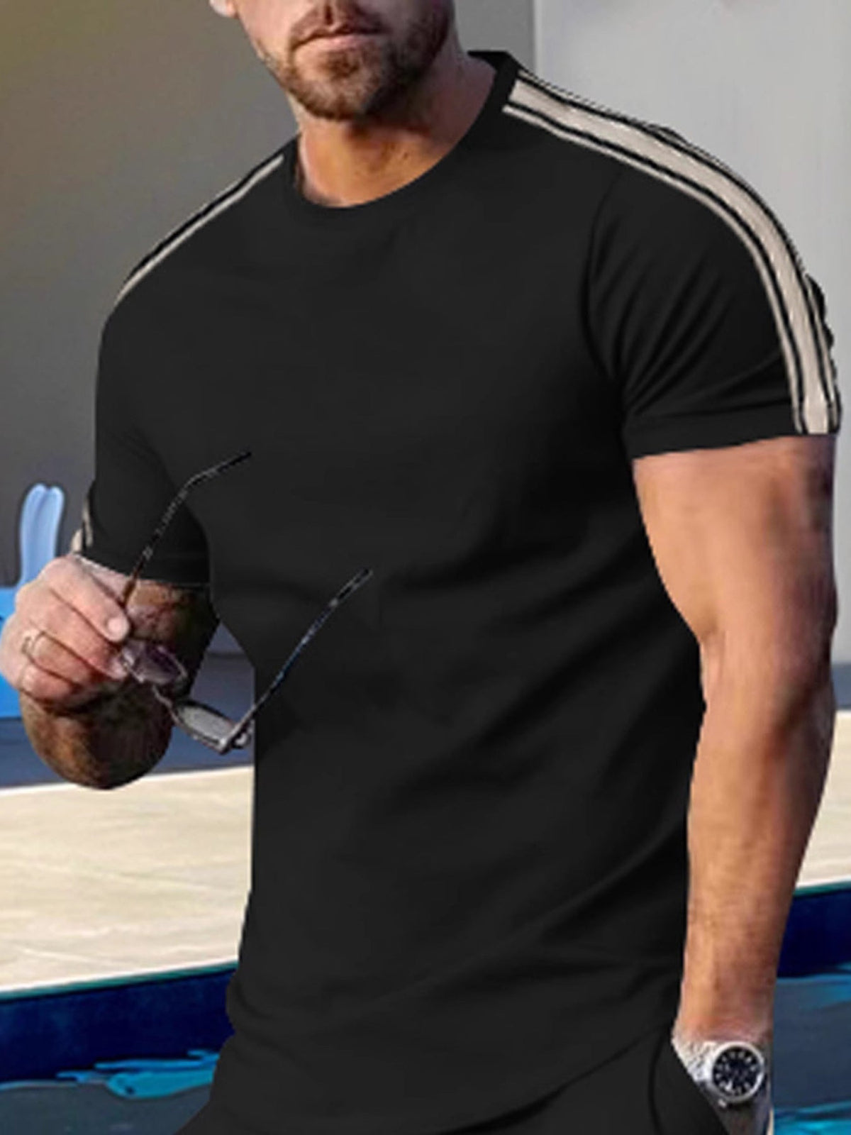 Men's Full Size Striped Shoulder Casual T-Shirt Plus Size - Flip Flop Dynasty