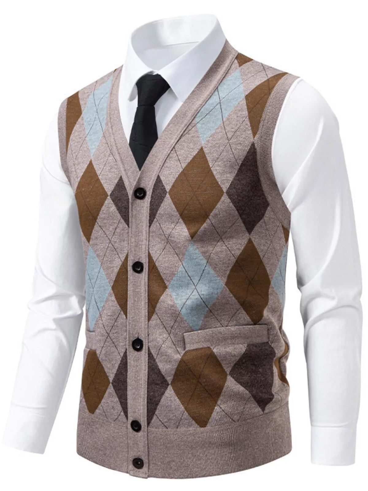 Men's Plus Size Argyle Pattern V-Neck Button-Down Cardigan Vest - Flip Flop Dynasty