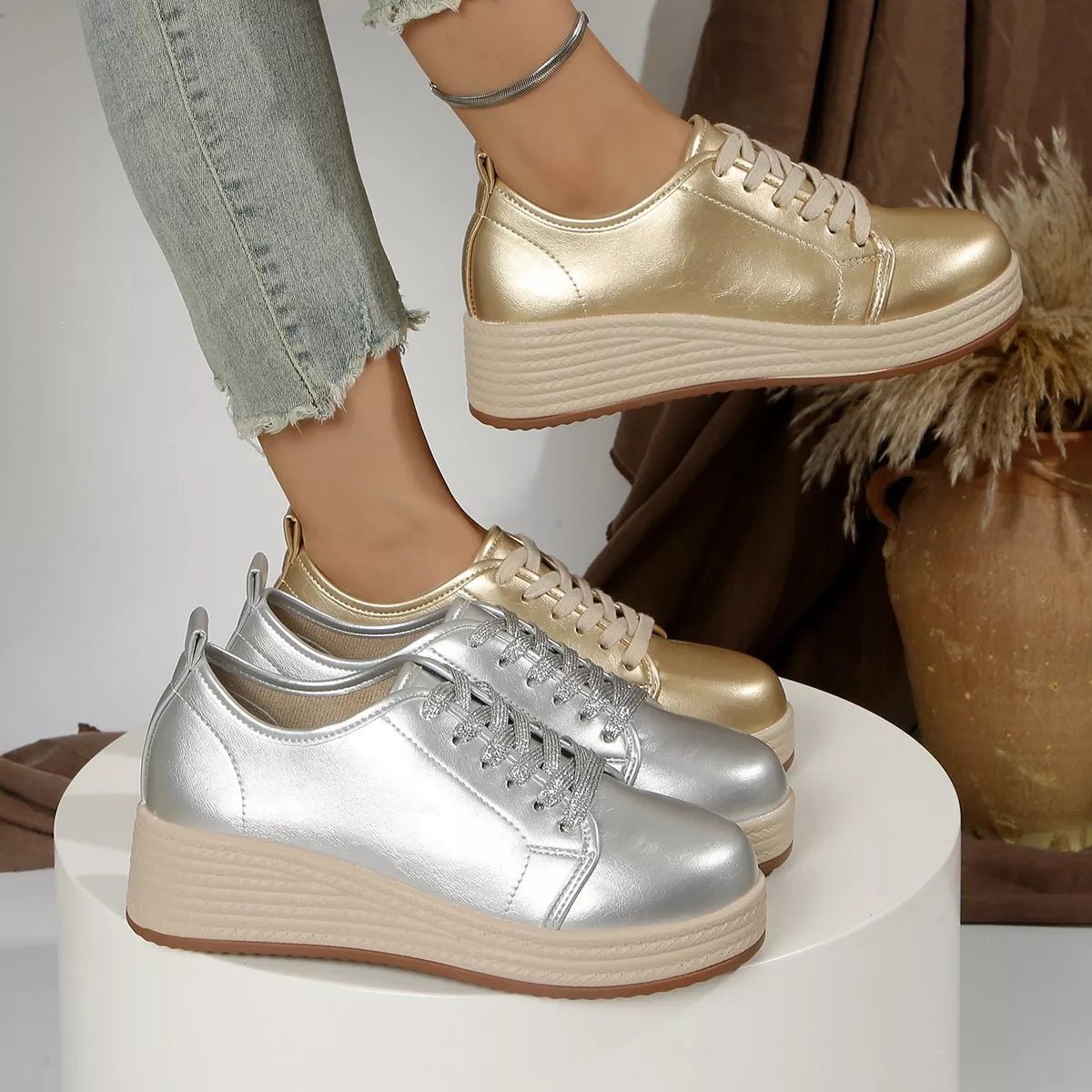Metallic Platform Sneakers with Height-Increasing Sole - Flip Flop Dynasty