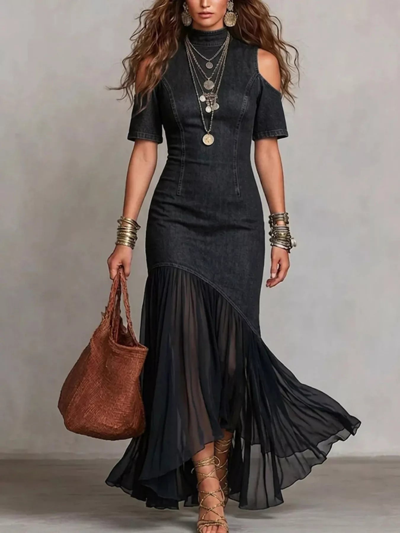 Mock Neck Cold Shoulder Ruffle Hem Maxi Dress - Flip Flop Dynasty