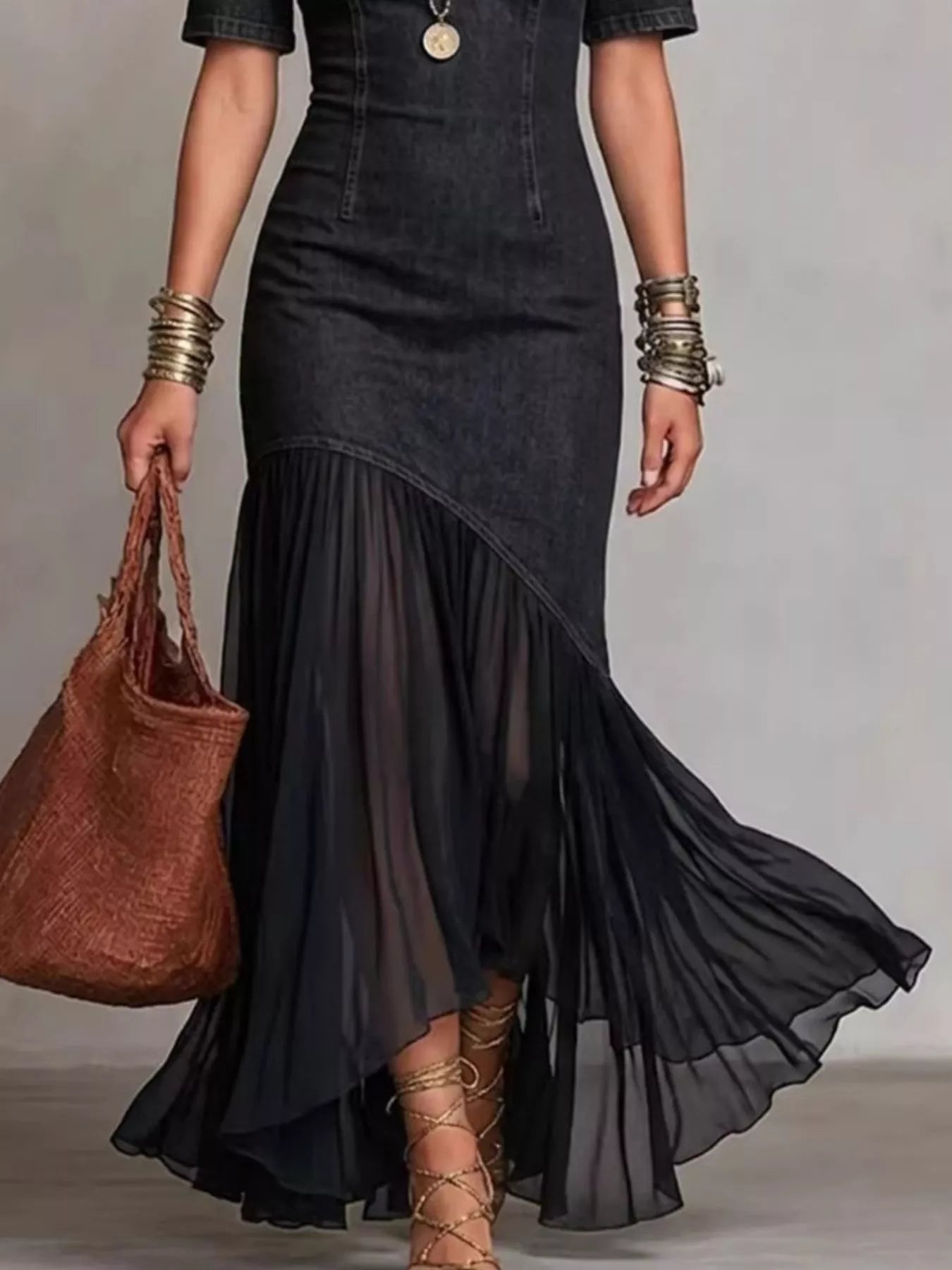 Mock Neck Cold Shoulder Ruffle Hem Maxi Dress - Flip Flop Dynasty