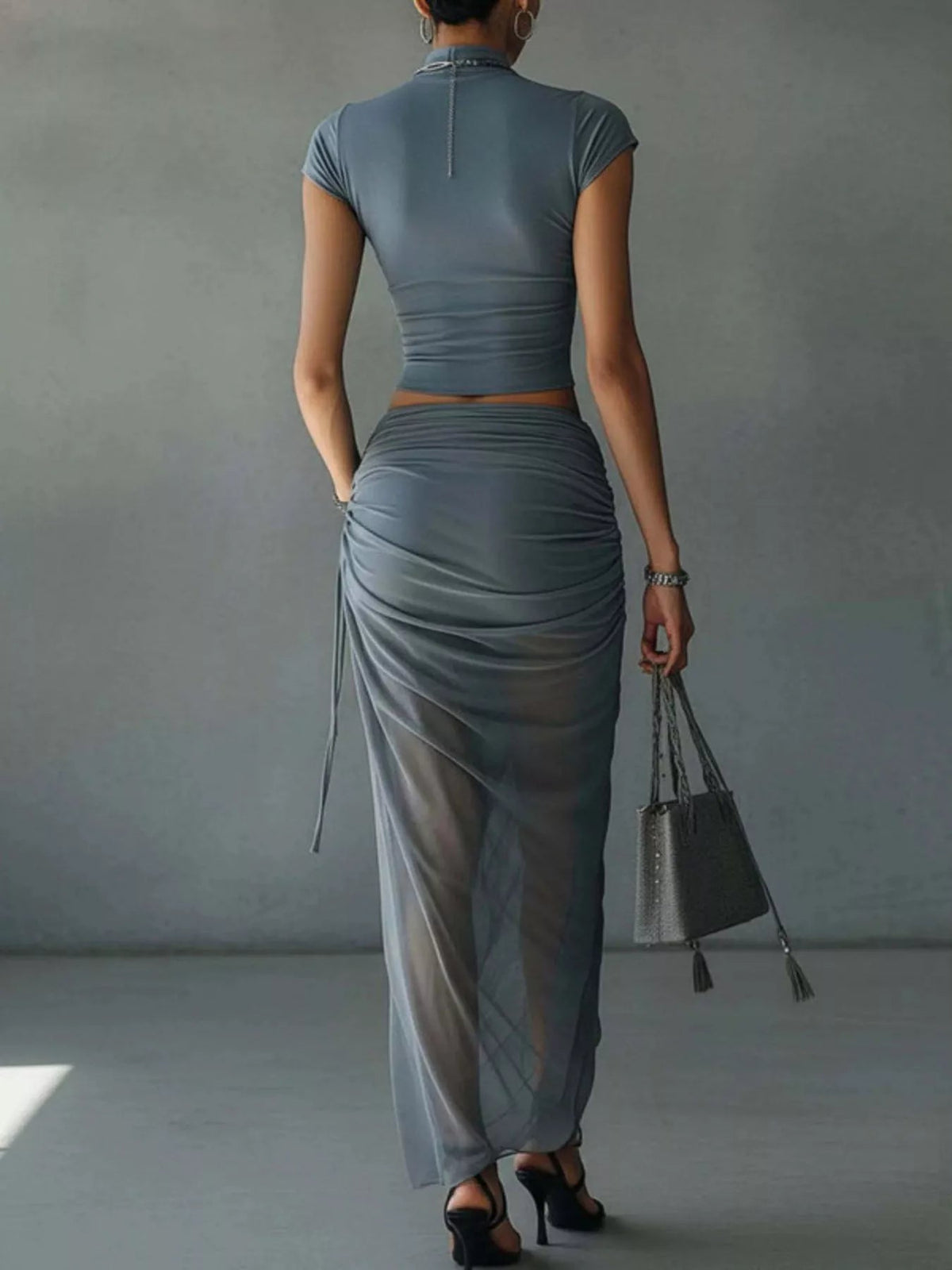 Mock Neck Crop Top and Ruched Maxi Skirt Set - Flip Flop Dynasty