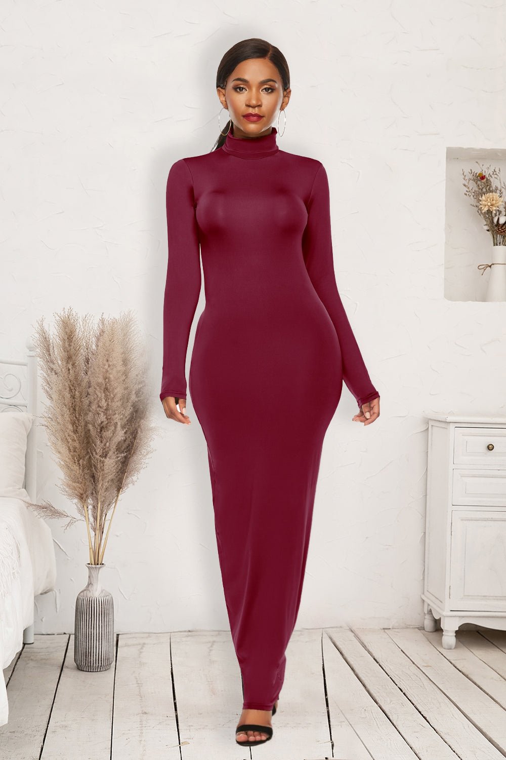 Mock Neck Long Sleeve Maxi Slim Dress - Flip Flop Dynasty