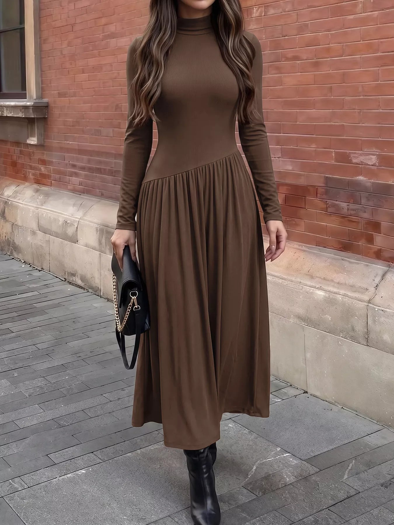 Mock Neck Long Sleeve Midi Dress - Flip Flop Dynasty