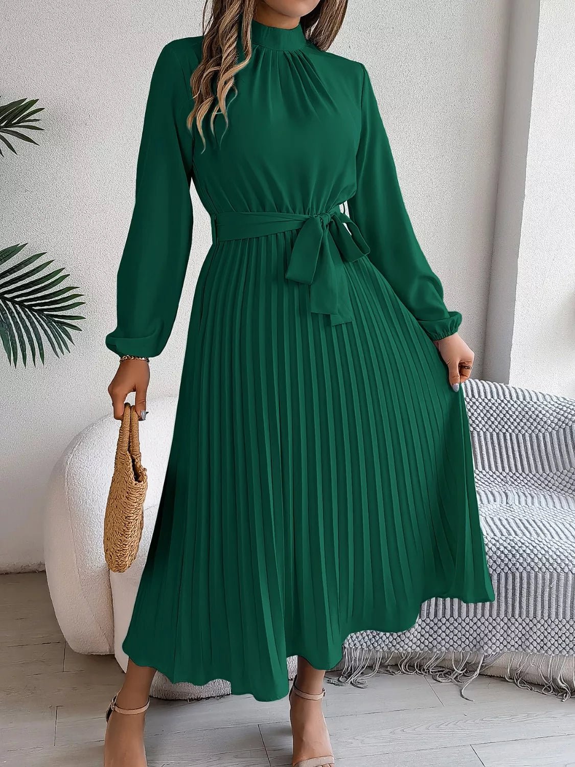 Mock Neck Pleated Midi Dress - Flip Flop Dynasty