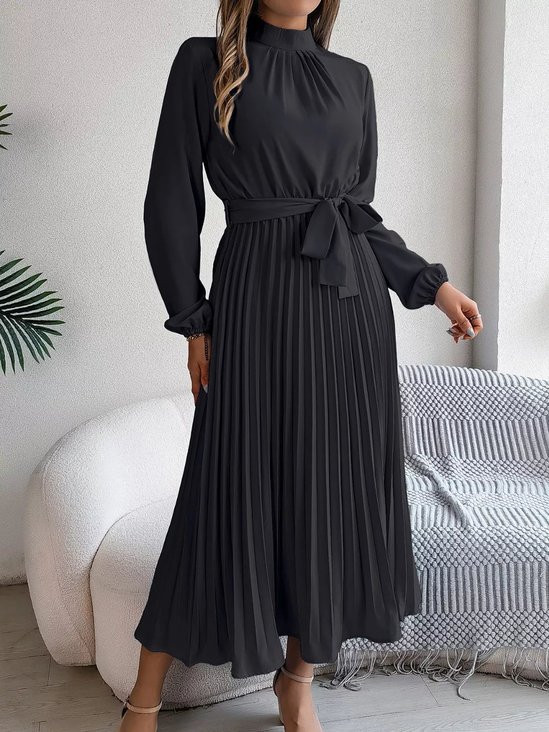 Mock Neck Pleated Midi Dress - Flip Flop Dynasty