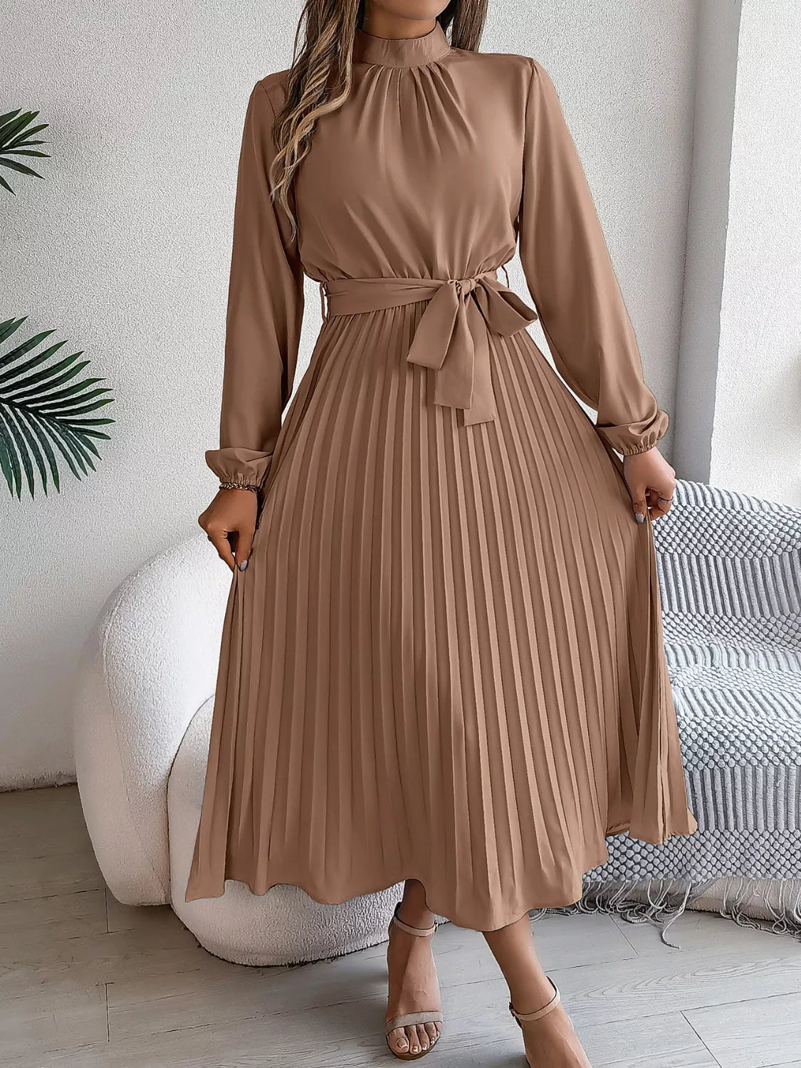 Mock Neck Pleated Midi Dress - Flip Flop Dynasty
