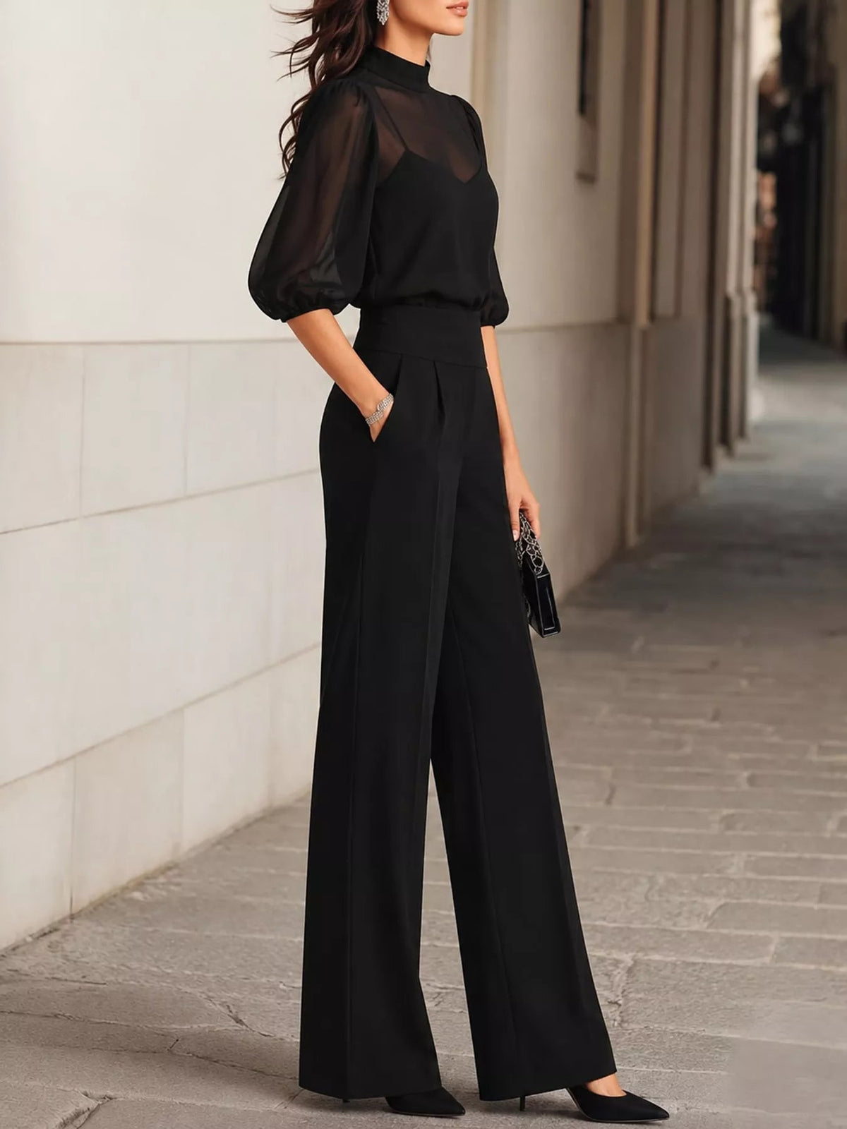 Mock Neck Puff Sleeve Top and Wide Leg Pants Set - Flip Flop Dynasty
