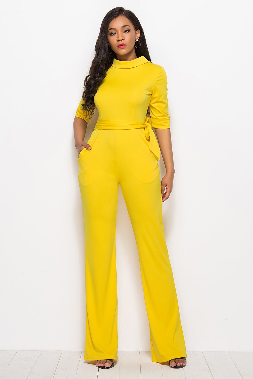 Mock Neck Tie - Waist Half Sleeve Jumpsuit - Flip Flop Dynasty