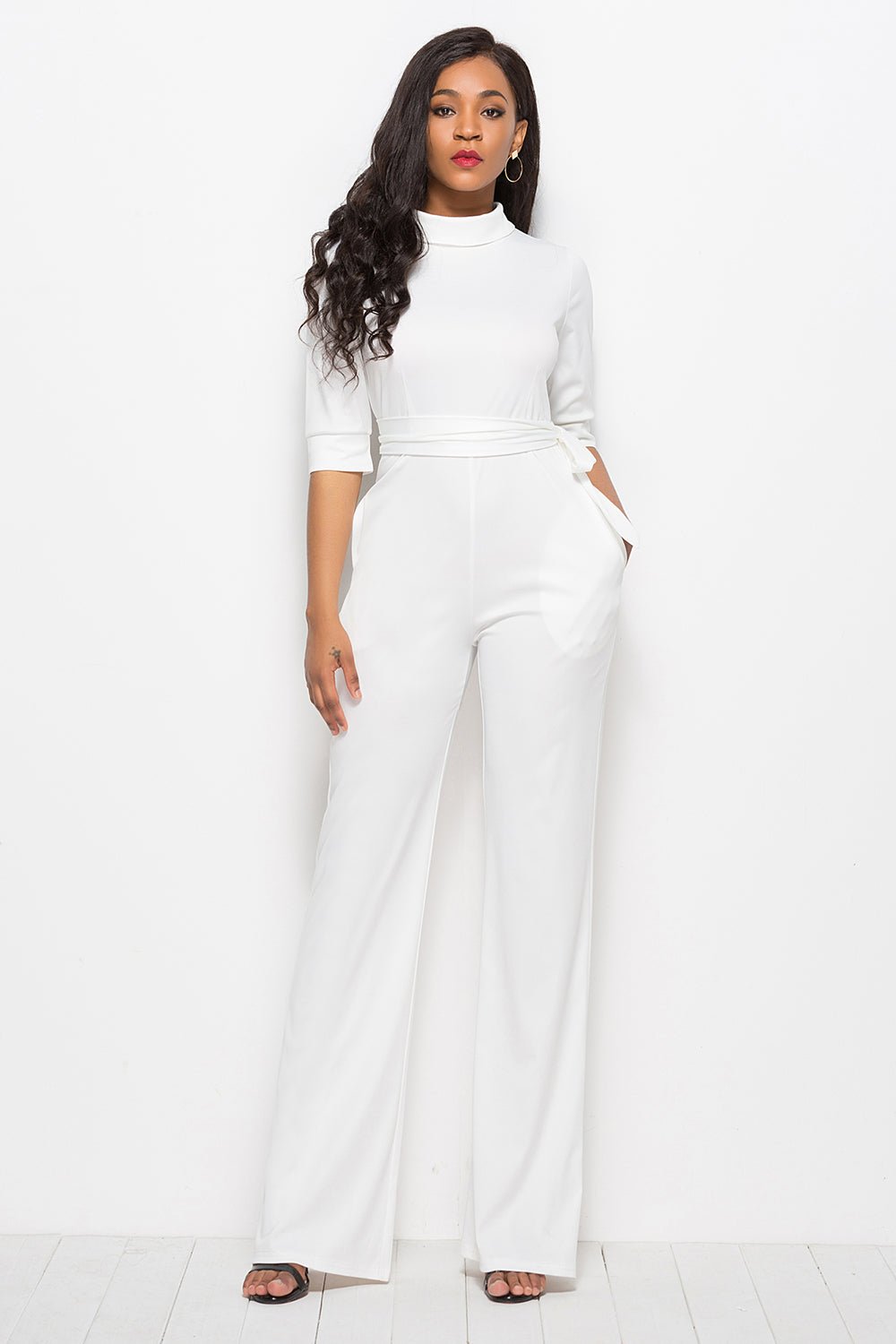 Mock Neck Tie - Waist Half Sleeve Jumpsuit - Flip Flop Dynasty