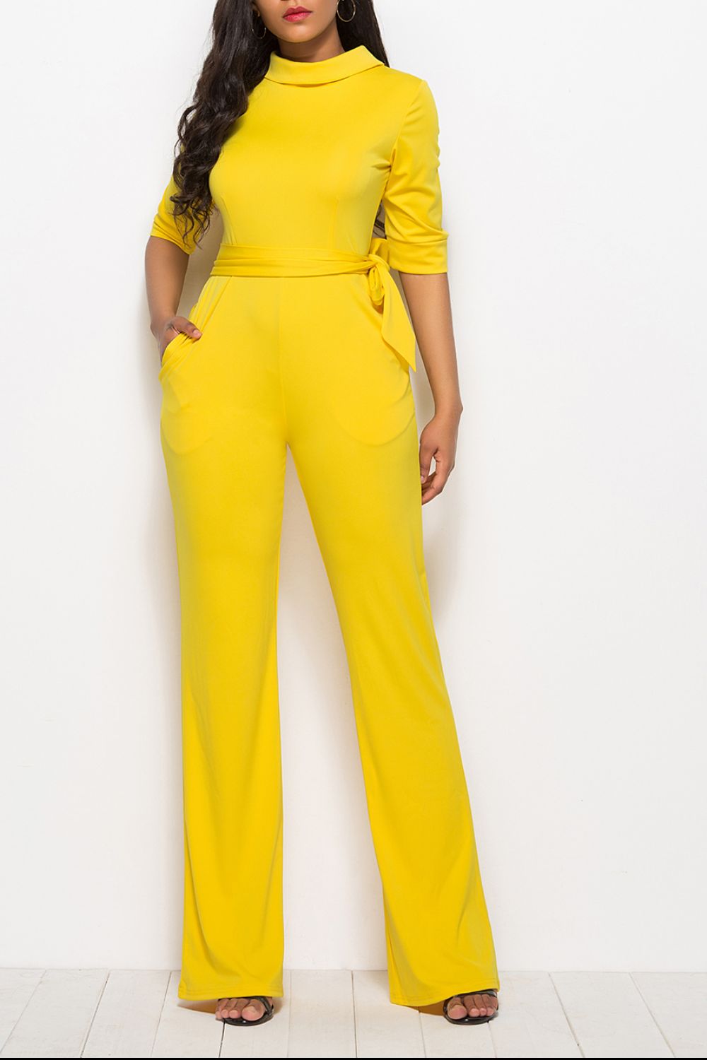 Mock Neck Tie - Waist Half Sleeve Jumpsuit - Flip Flop Dynasty