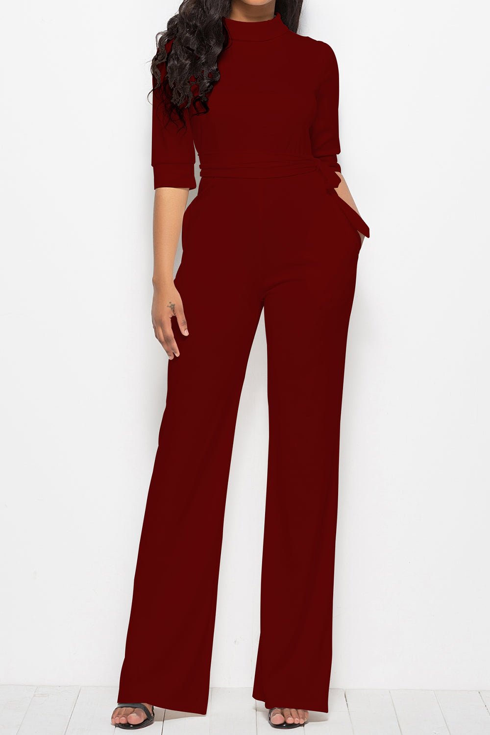 Mock Neck Tie - Waist Half Sleeve Jumpsuit - Flip Flop Dynasty