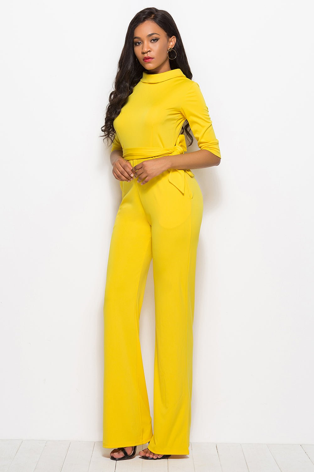 Mock Neck Tie - Waist Half Sleeve Jumpsuit - Flip Flop Dynasty