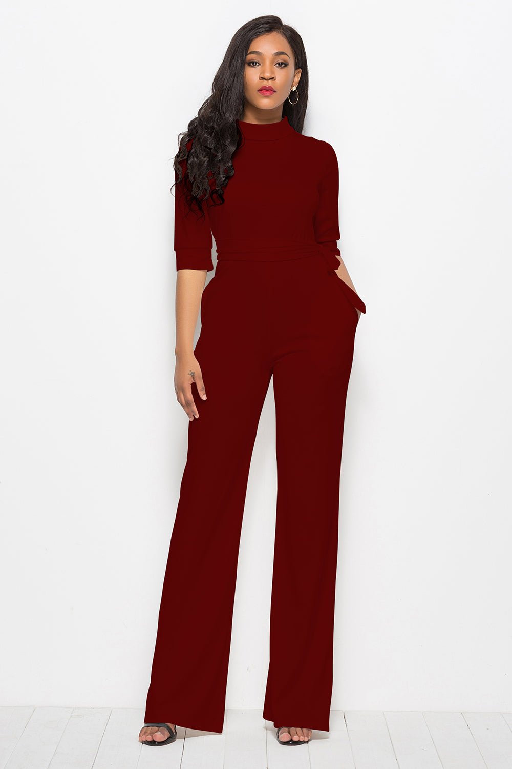 Mock Neck Tie - Waist Half Sleeve Jumpsuit - Flip Flop Dynasty