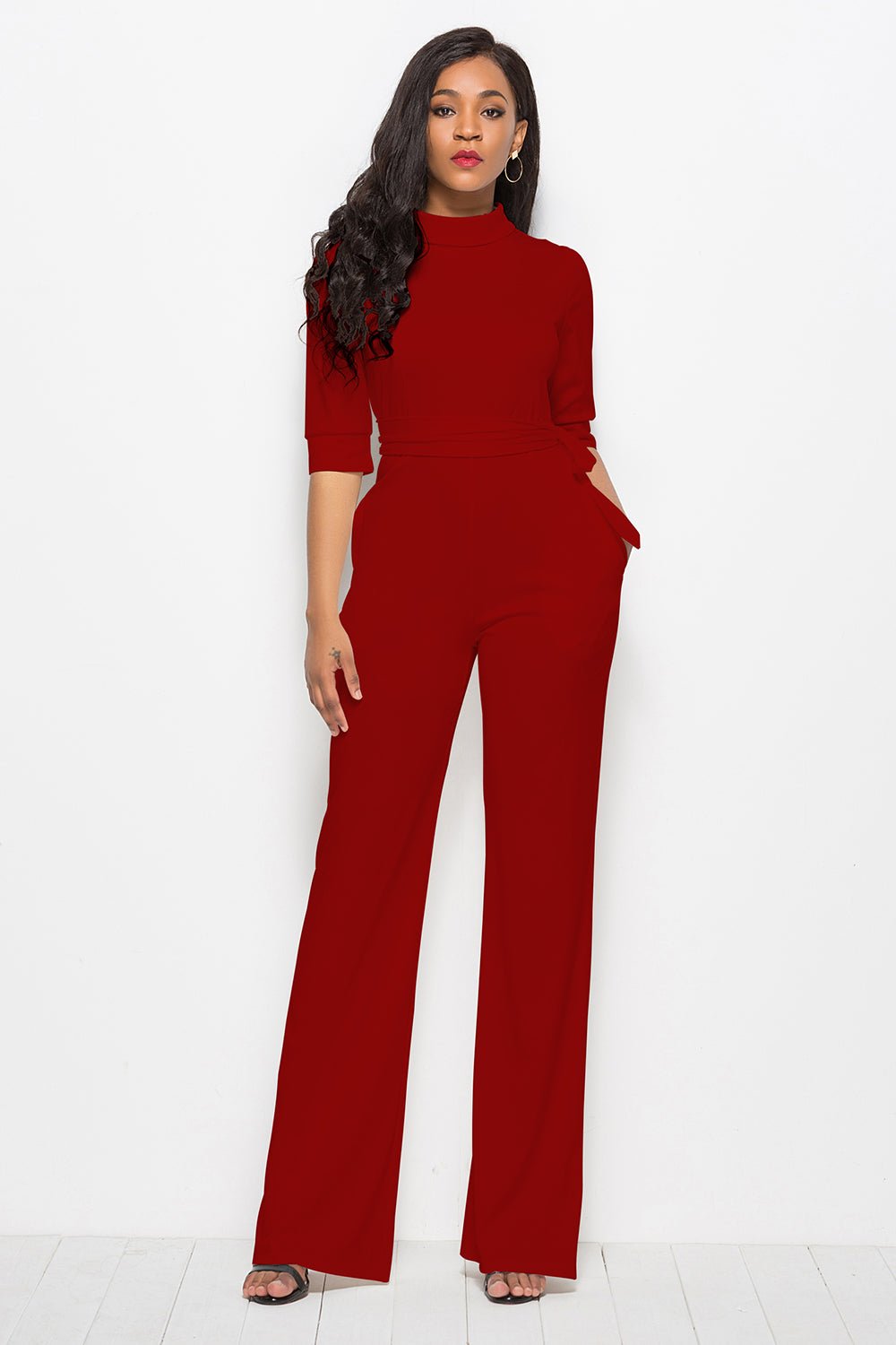 Mock Neck Tie - Waist Half Sleeve Jumpsuit - Flip Flop Dynasty