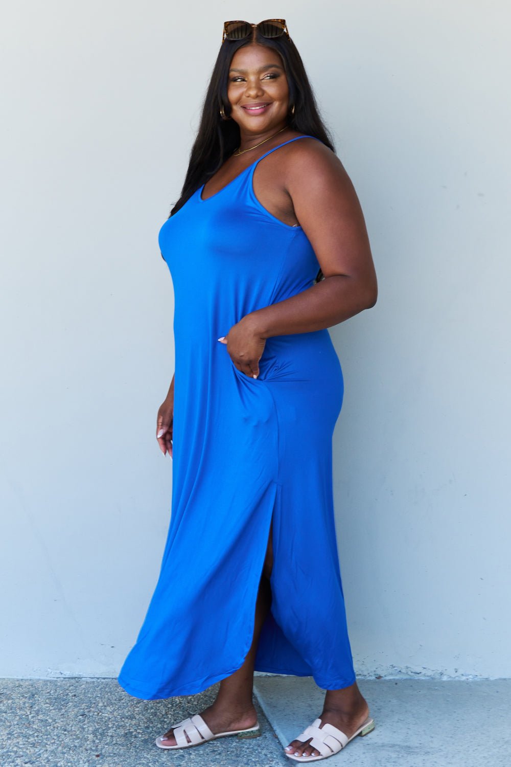 Ninexis Good Energy Full Size Cami Side Slit Maxi Dress in Royal Blue - Flip Flop Dynasty