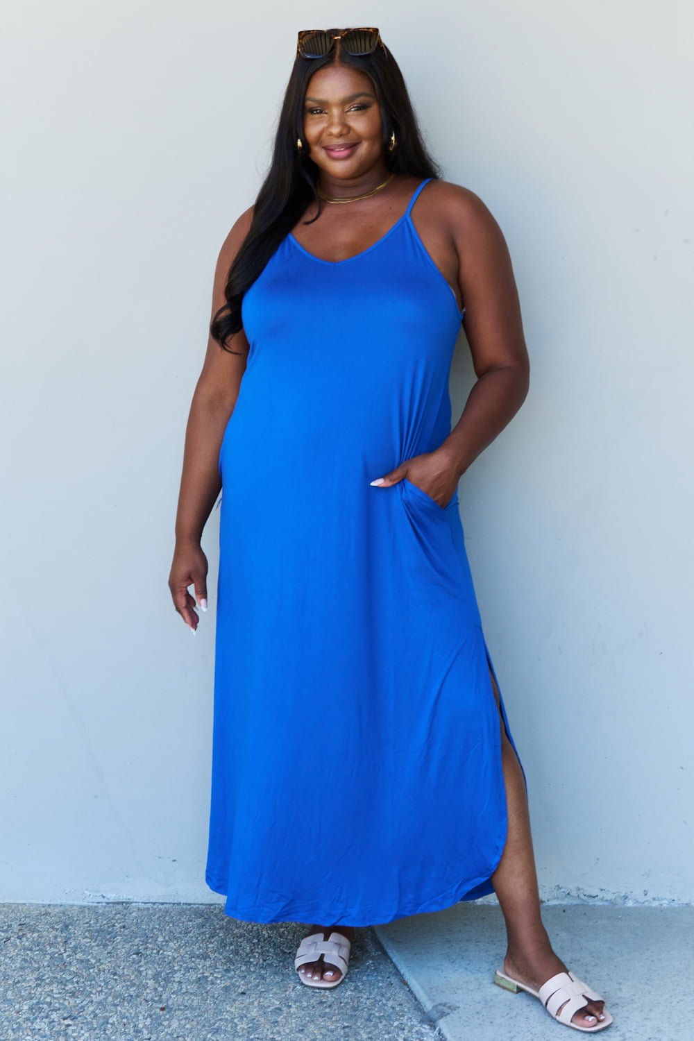 Ninexis Good Energy Full Size Cami Side Slit Maxi Dress in Royal Blue - Flip Flop Dynasty