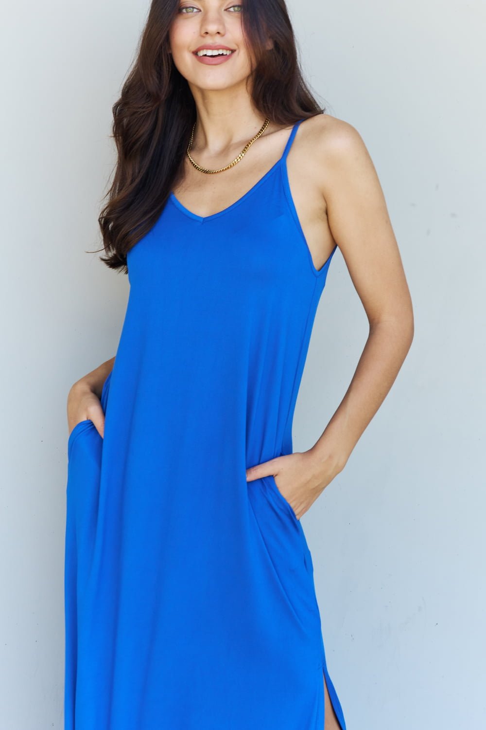 Ninexis Good Energy Full Size Cami Side Slit Maxi Dress in Royal Blue - Flip Flop Dynasty