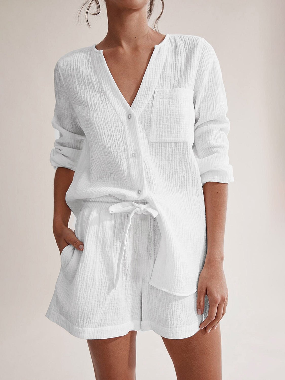 Notched Long Sleeve Top and Shorts Set - Flip Flop Dynasty