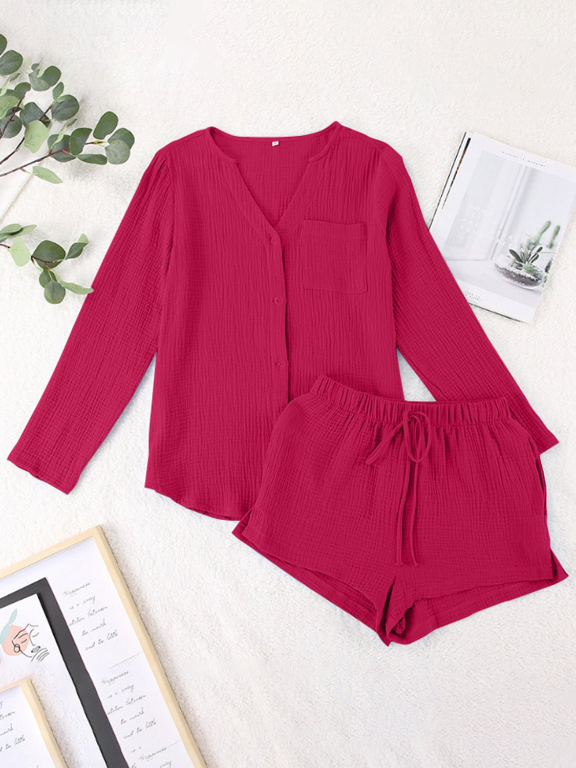Notched Long Sleeve Top and Shorts Set - Flip Flop Dynasty