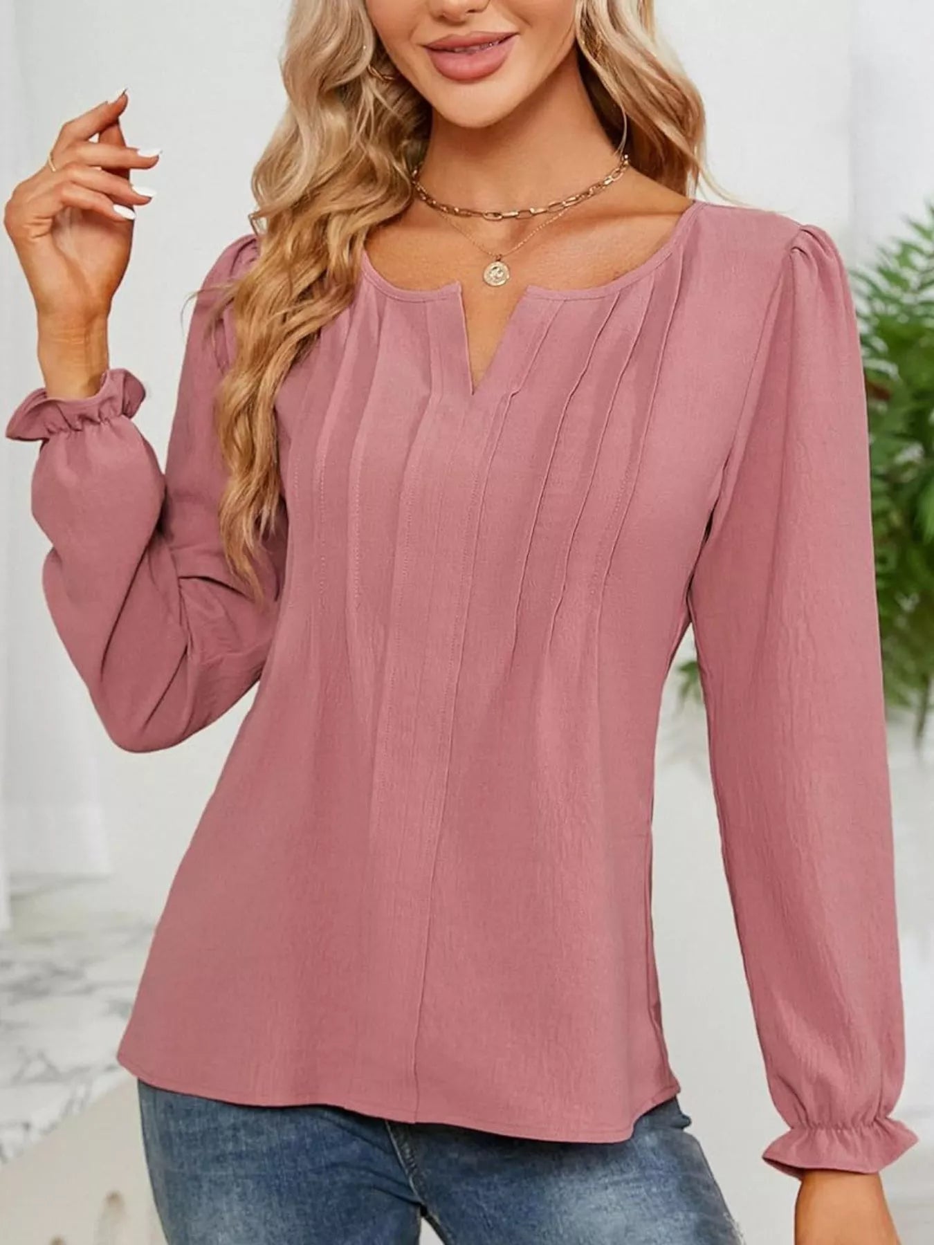 Notched Ruffle Cuff Blouse - Flip Flop Dynasty
