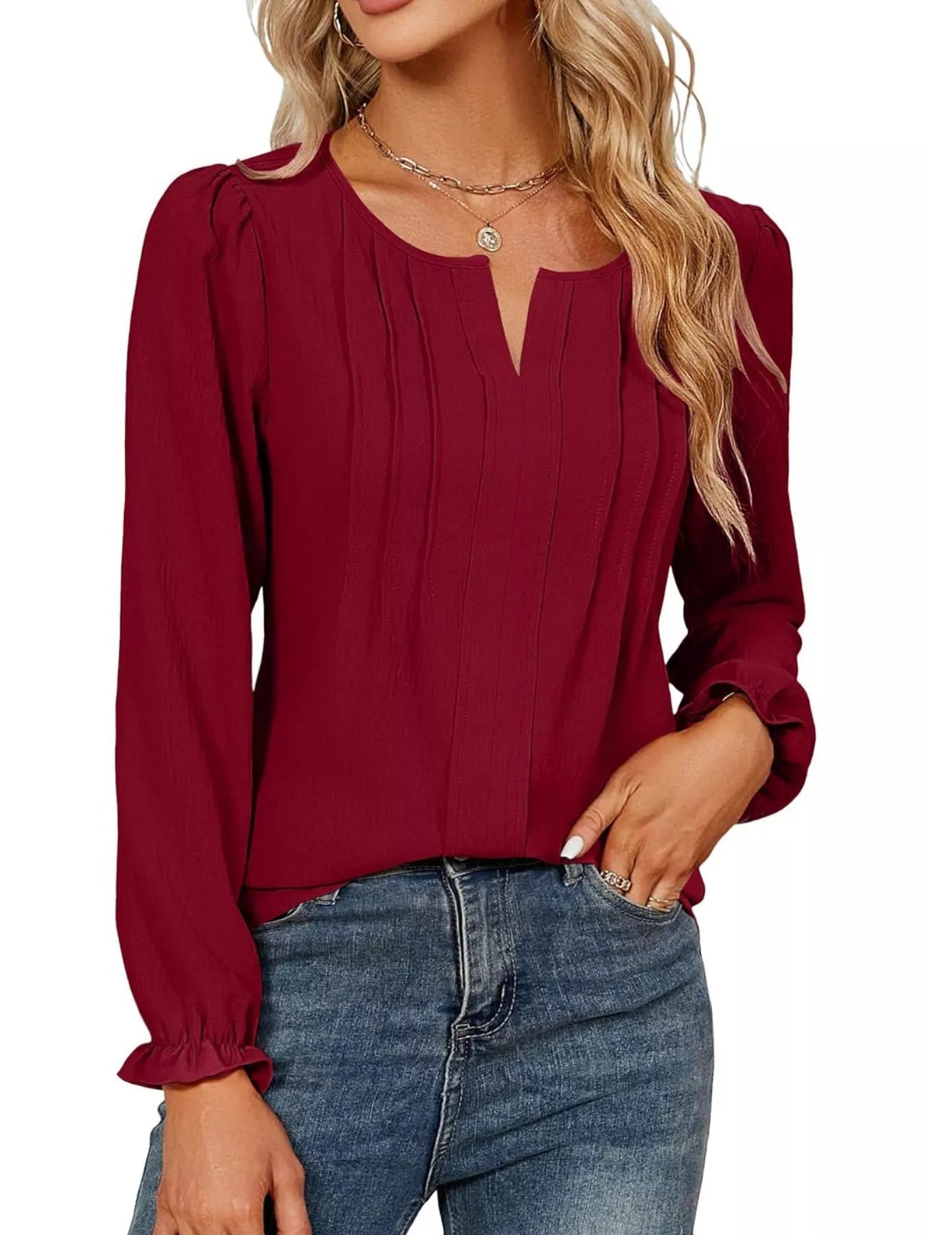 Notched Ruffle Cuff Blouse - Flip Flop Dynasty