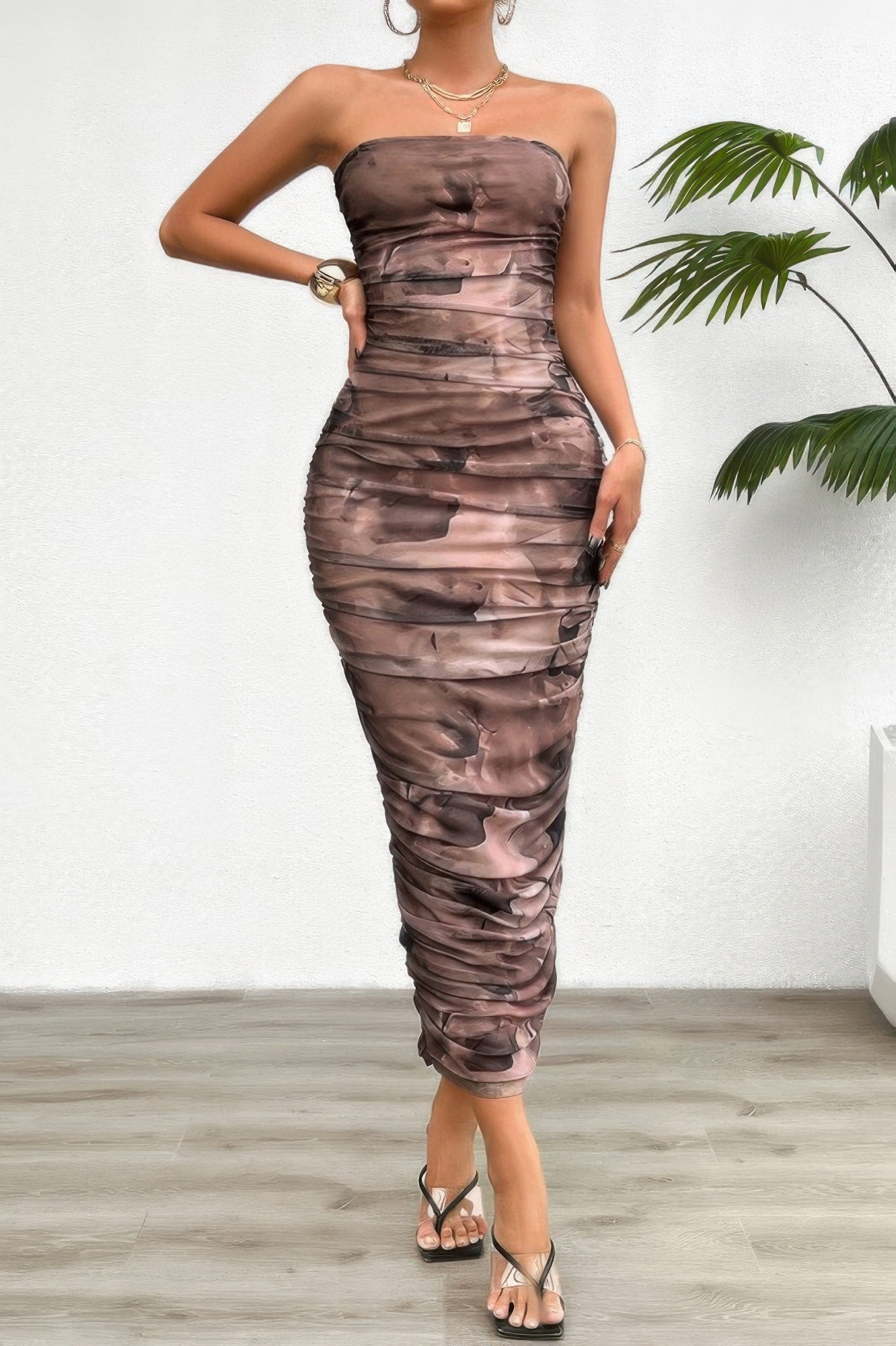 Off Shoulder Allover Print Pleated Bodycon Dress - Flip Flop Dynasty