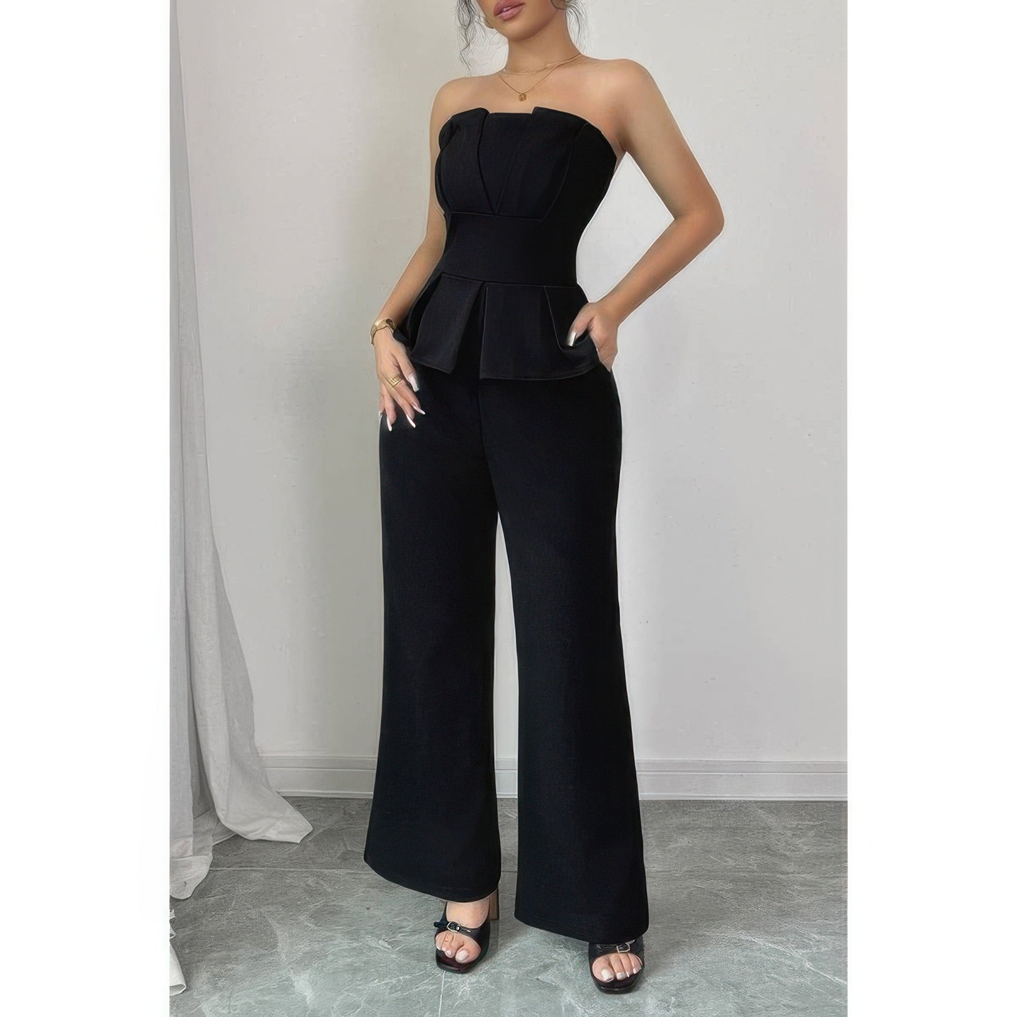 Off Shoulder Back Hide Zipper Pleated Fit Jumpsuit - Flip Flop Dynasty